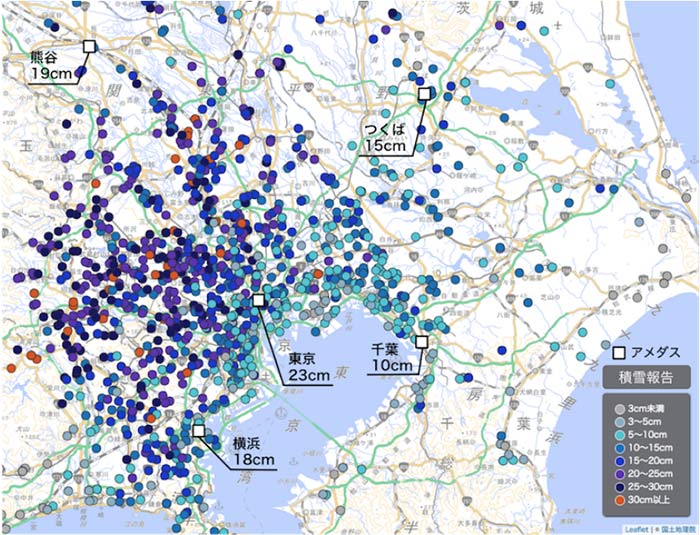 1月 22日21時～23日10時の積雪深報告。アメダスの数値は22～23日の最深積雪を示している