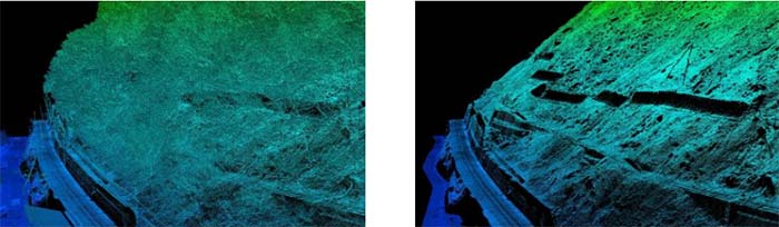 図：鬼怒川法面の３次元点群データ（左） と地表面処理を行った３次元点群データ（右）