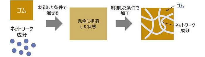 図3： ダブルネットワーク構造を取り入れたゴム複合体の概念図および製造プロセス