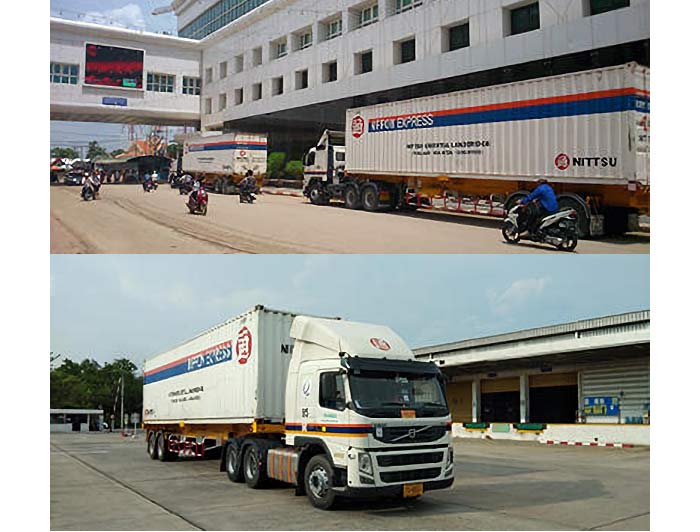 上：タイーカンボジア間国境を走る車両、下：タイの物流拠点と同社車両
