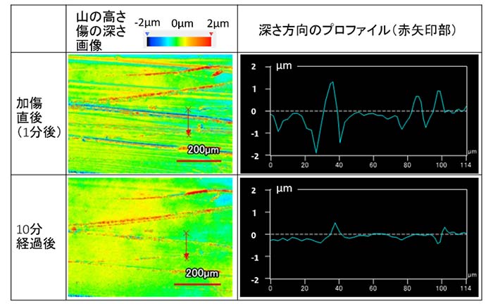 室温で放置（1分、10分）した際の傷の修復度比較