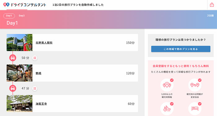 すると、自動的におすすめの旅行プランを作成してくれる。