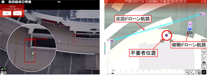 不審者検知の様子（左）と、地図上に表示される不審者位置（右）