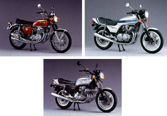 上段左：ドリーム CB750FOUR（'69）。上段右：CB750F（'79）。下段：CBX（'79）