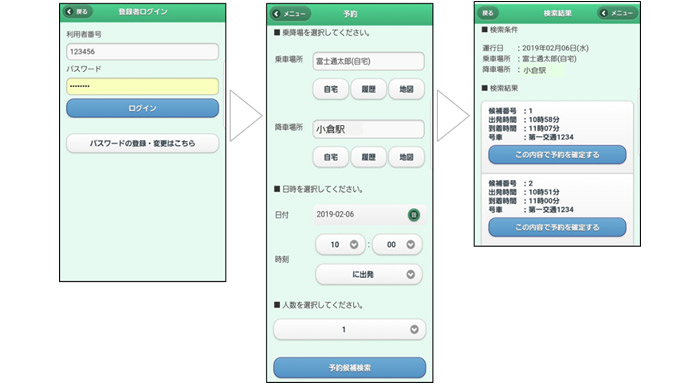 オンデマンド型乗合タクシーの予約画面イメージ