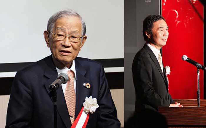 主催者挨拶をする松本紘理事長（左）と、「京」への謝意を述べる松岡聡センター長（右）