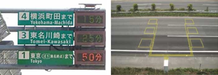 所要時間情報の提供例（写真左）と路面に埋め込まれた車両感知器（写真右）