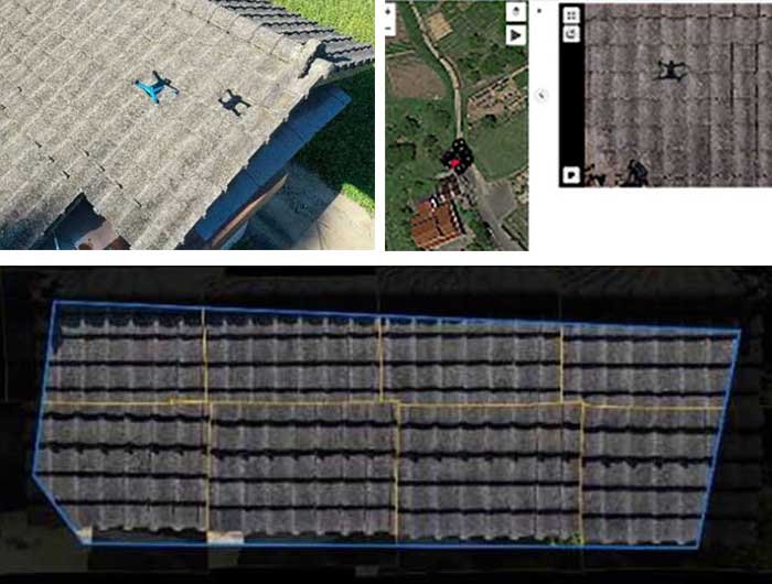 スカイディオ2による屋根点検の様子（左上）と、ドコモ・スカイの撮影画像（右上）。そして、スカイディオ3Dスキャンが作成した二次元合成画像（下）。