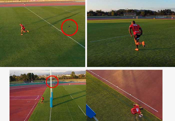 ドコモ・レッドハリケーンズに所属するラグビー選手・マピンピ選手を追尾している様子（左上）と、スカイディオ2で撮影したマピンピ選手（右上）。そして、ゴールポールを自律的に避けて追尾・撮影する様子（下）。