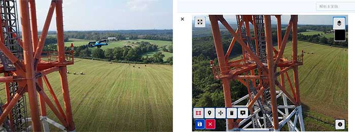 スカイディオ2による鉄塔点検の様子（左）と、ドコモ・スカイの撮影画像（右）。