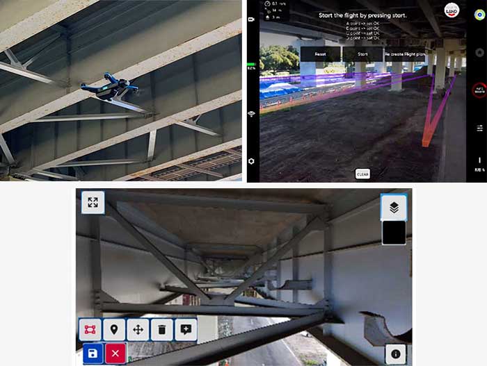スカイディオ2による道路下の構造物点検の様子（左上）と、非GPS環境下での飛行経路導出の様子（右上）、ドコモ・スカイの撮影画像（下）。