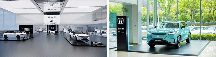 広汽ホンダの電動車専門店イメージ（左）と東風ホンダのe:Nブランドコーナー（右）。
