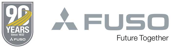 FUSOブランド90周年記念ロゴマーク（左）と新ブランドスローガン「Future Together」のロゴマーク（右）。