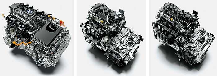 左から「1.8L2ZR-FXE エンジン」、1.5Lダイナミックフォースエンジン、2.0Lダイナミックフォースエンジン。