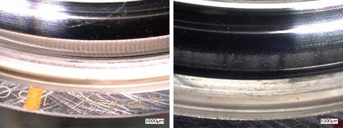 電食試験後の外輪軌道面（写真左：標準品、右：開発品）。標準品では電食特有の波板状の損傷が発生。