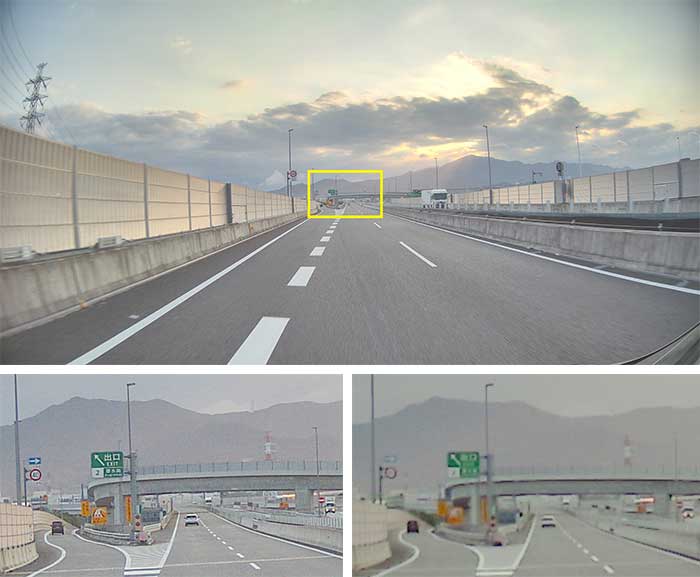 IMX735（有効1,742万画素）による撮影例（上段）とその拡大画像（下段左）。SSS社の他製品（有効839万画素）で撮影した画像の拡大画像（下段右）。